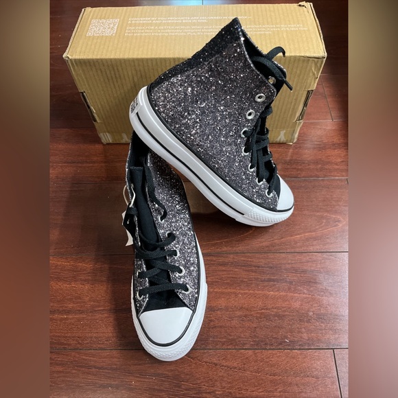 Custom Converse By You Lift Platform Hi Top Womens 7 Silver Glitter Sparkle New - Picture 1 of 16